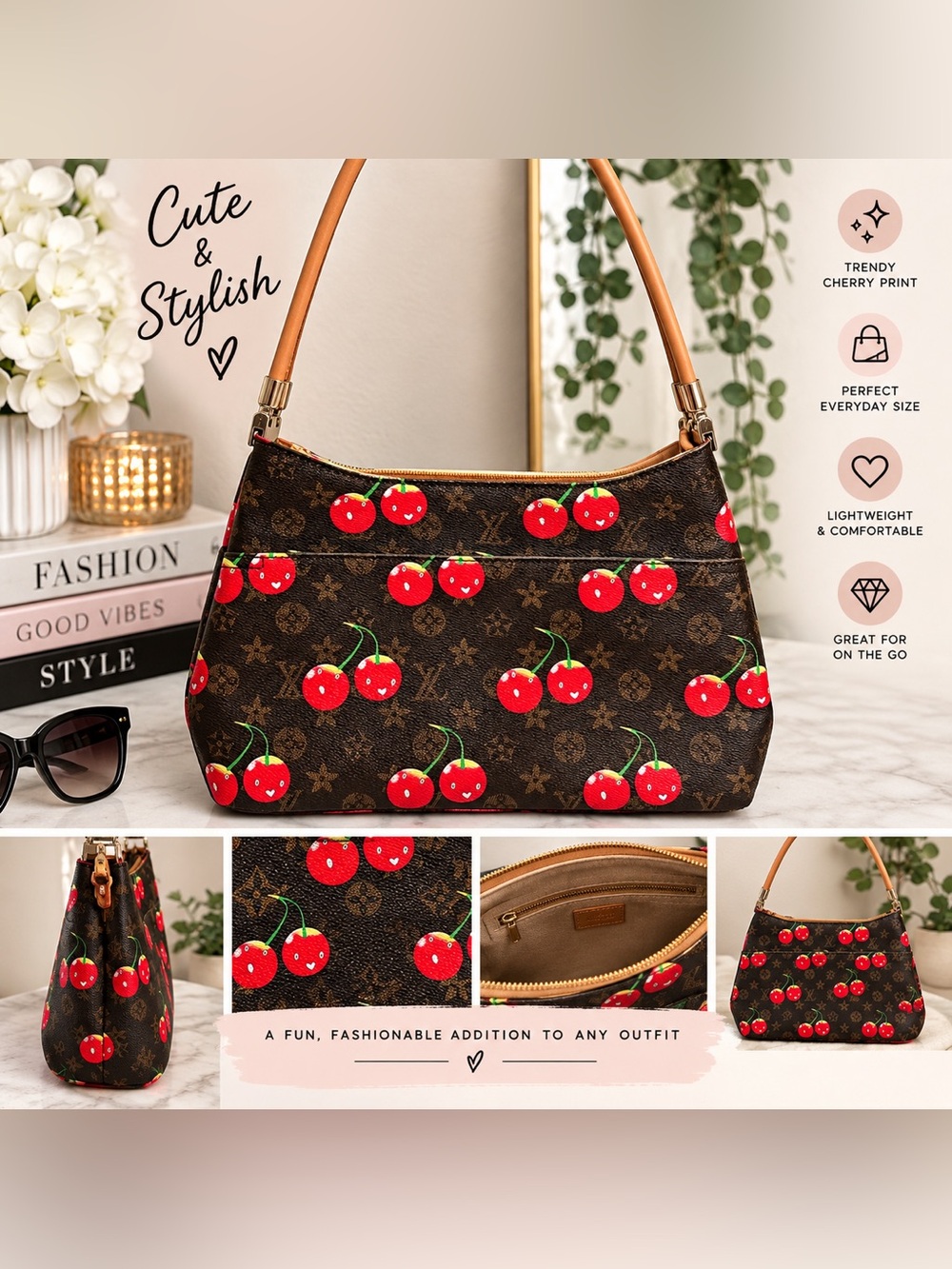 FASHION BAG Cherry Print Shoulder Bag with Tan Handles